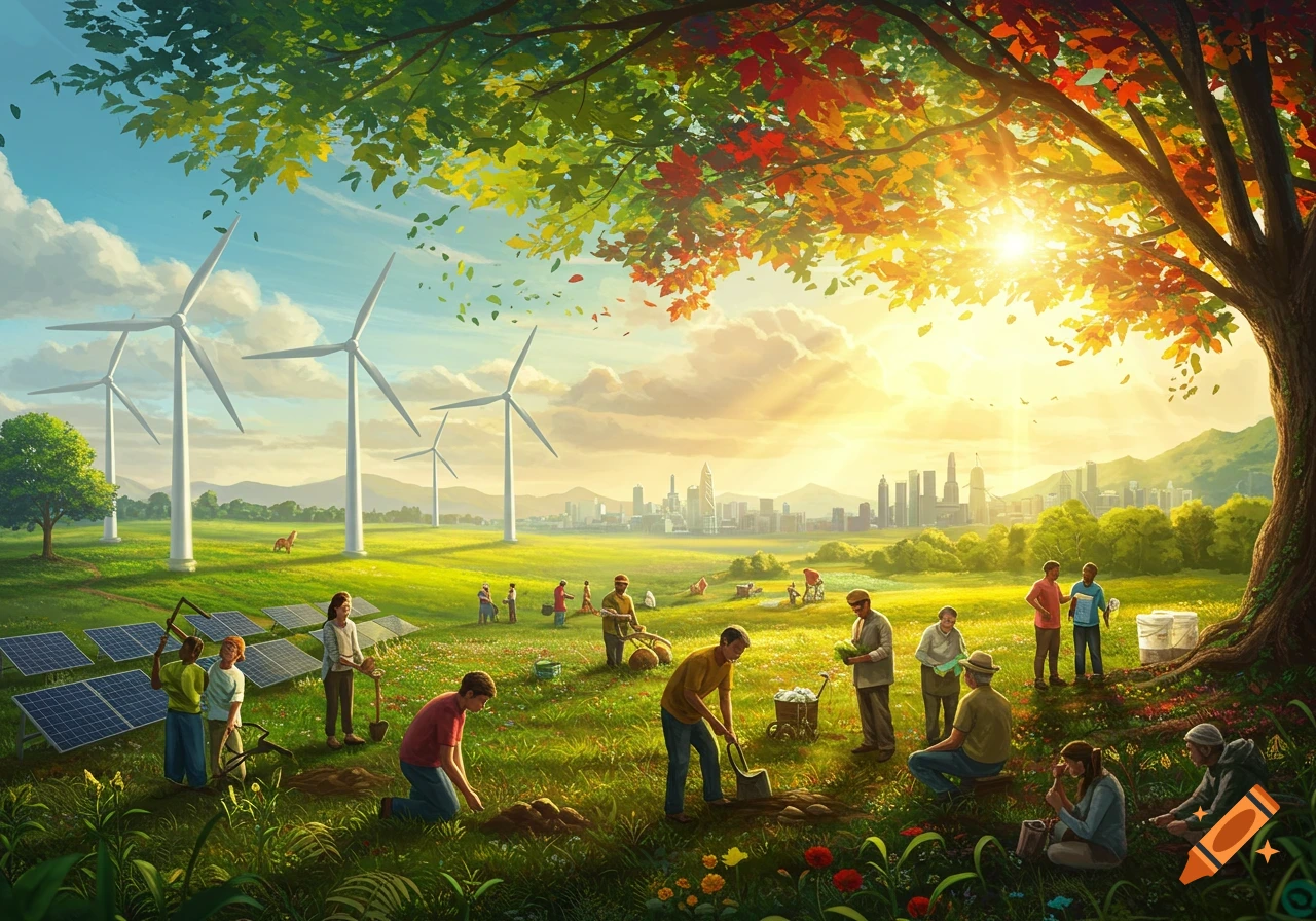 Vibrant illustration of people gardening in a sunny field with solar panels, wind turbines, and a city skyline in the background.