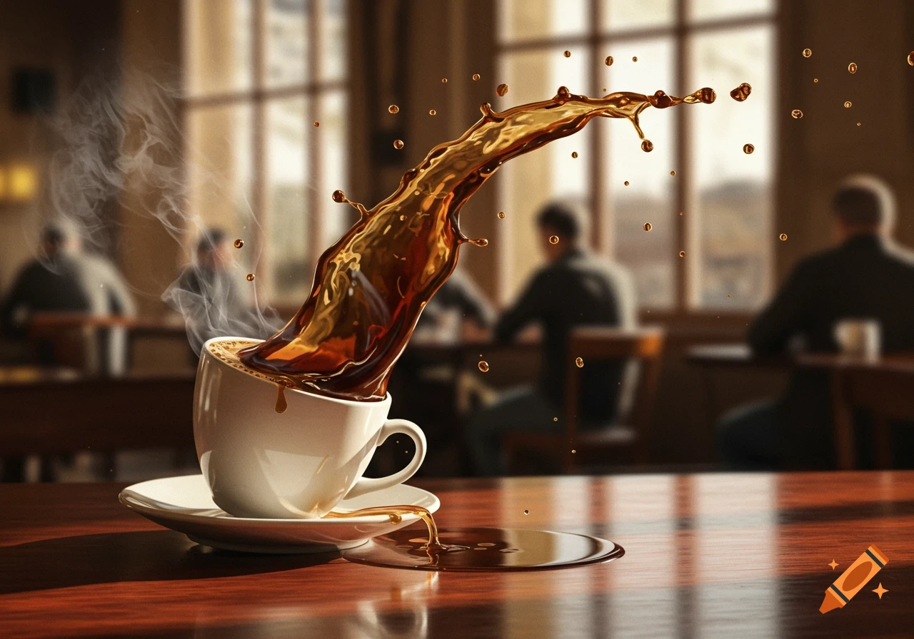 Photorealistic image of a white coffee cup tilted on a wooden table, with coffee splashing dramatically out of it in a cafe setting.