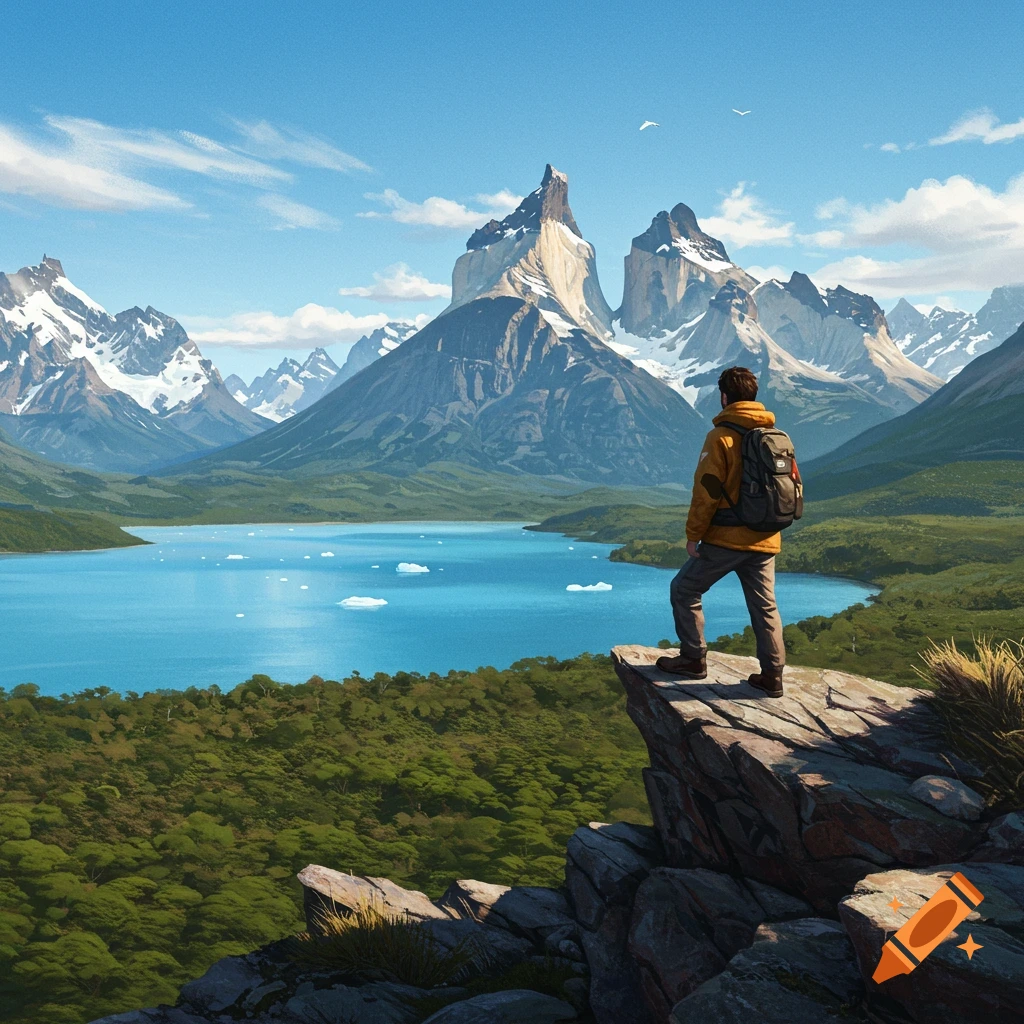 A lone hiker with a backpack stands on a rocky cliff overlooking a vast blue glacial lake and towering snow-capped mountains. Illustrative style.