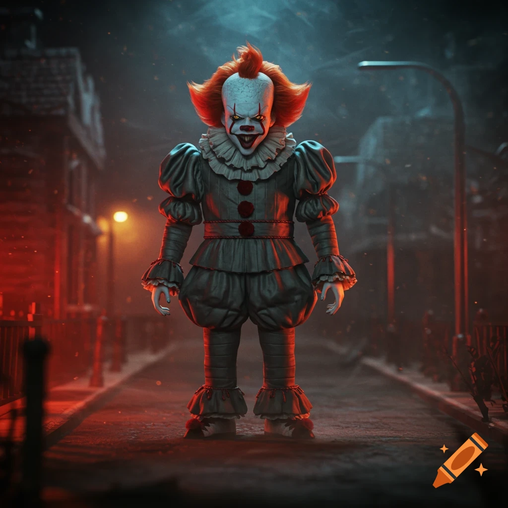 A stylized Pennywise the clown stands menacingly on a dark, eerie street, lit by red streetlights, in a 90s 3D video game style.
