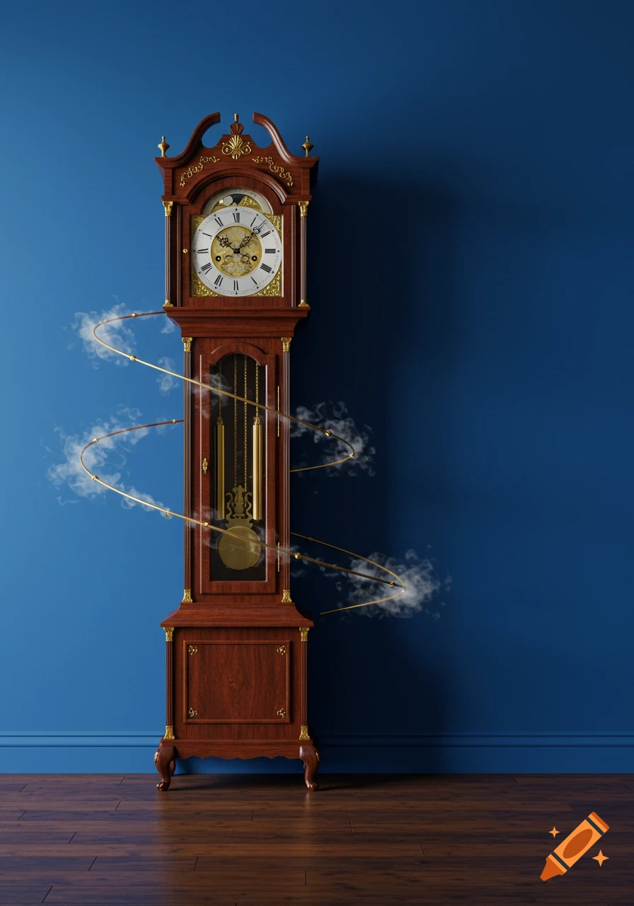 A detailed Victorian grandfather clock stands on a wooden floor against a vibrant blue wall, encircled by a glowing golden spiral of mist.