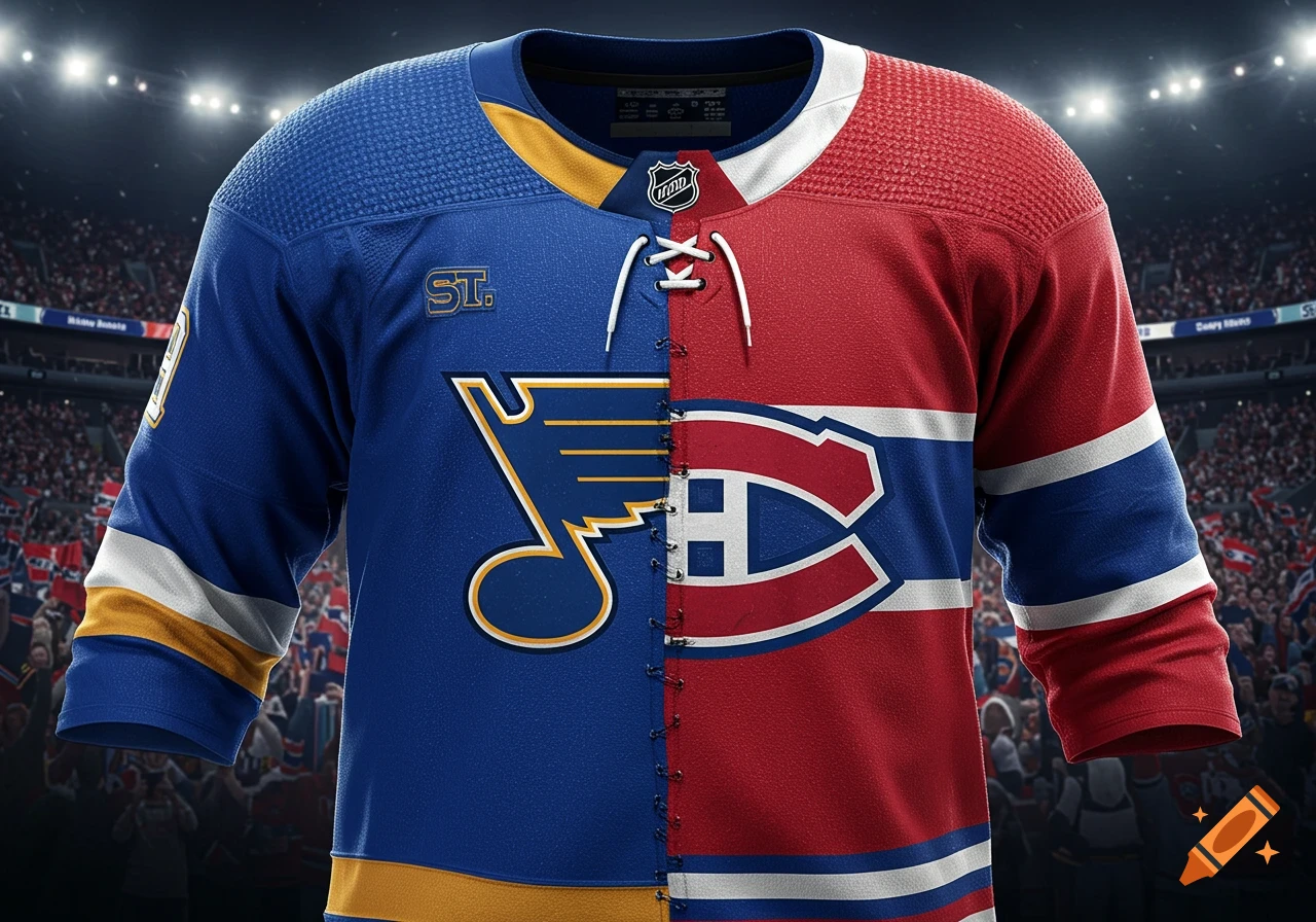 A hockey jersey split down the middle, combining the blue St. Louis Blues design with the red Montreal Canadiens design, against a stadium background.