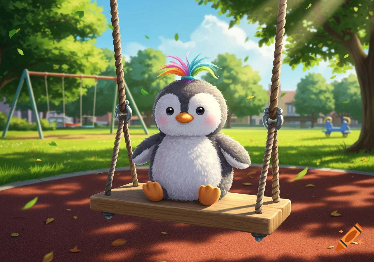A cute penguin stuffie with rainbow hair sits on a wooden swing in a sunny park playground.