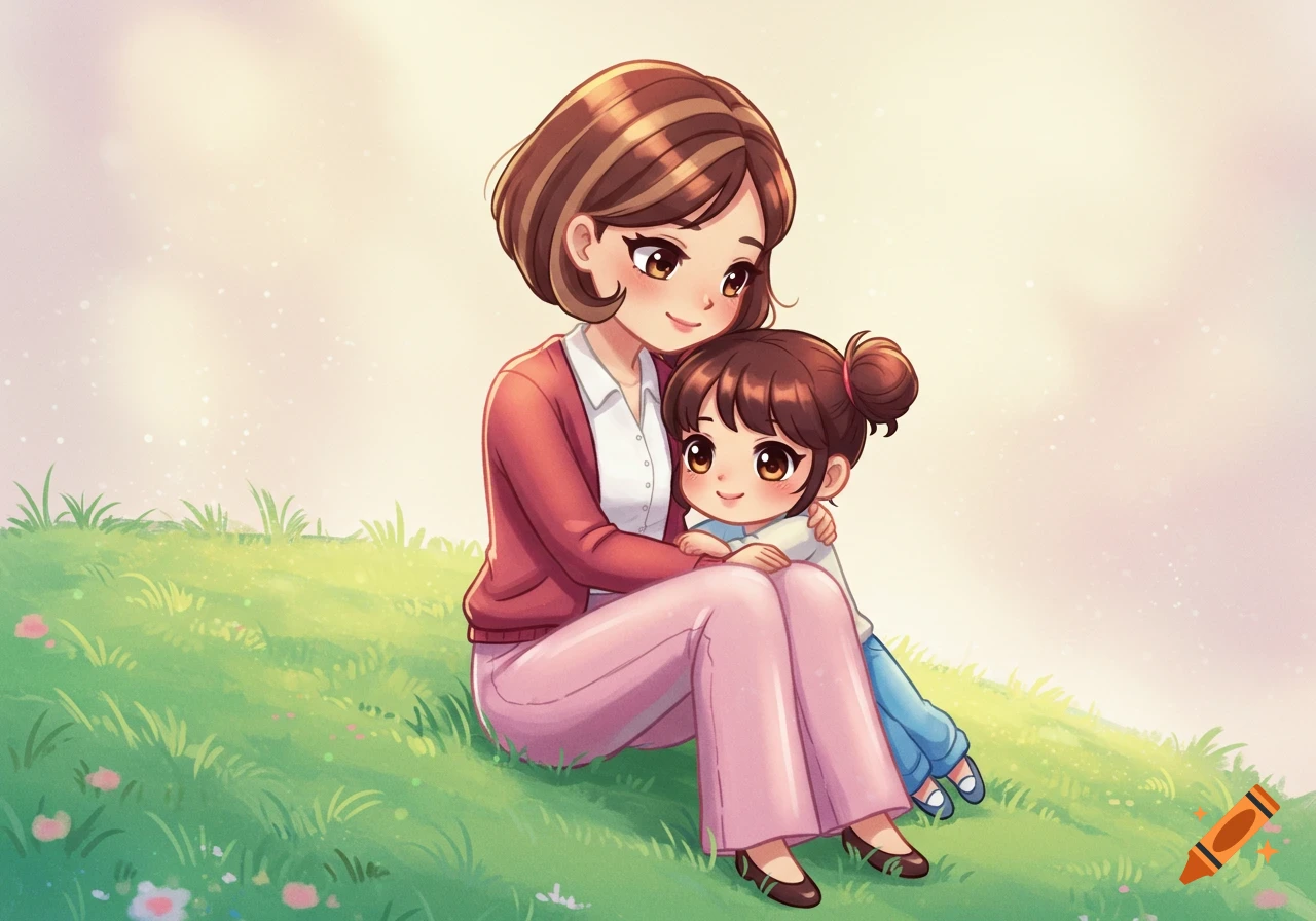A cute anime mother with brown bob hair and pink pants hugs her young daughter with two buns, sitting on a grassy hill.