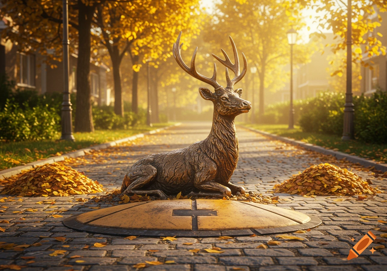 A bronzed deer statue rests on a yellow speed bump on a cobblestone path, surrounded by golden autumn leaves and trees.