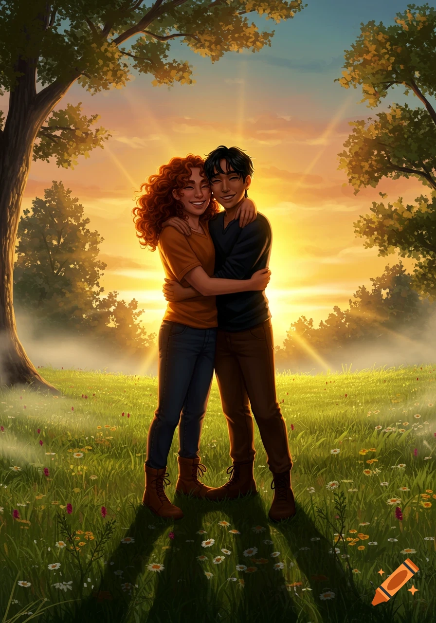 Two smiling people hug in a sunny, grassy field with trees at sunset ...