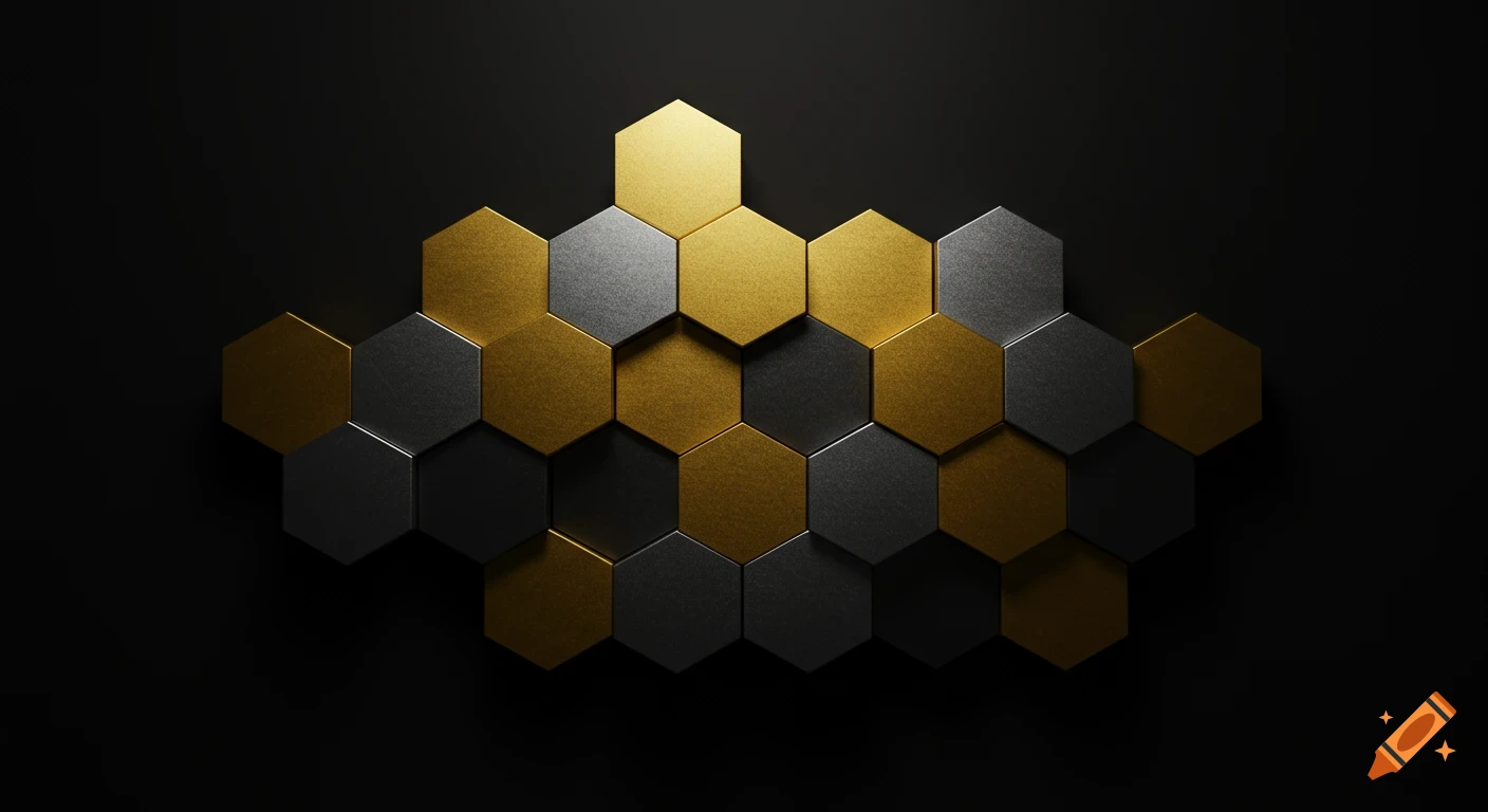 A close-up of a geometric pattern featuring gold, silver, and dark gray hexagonal tiles against a black background.