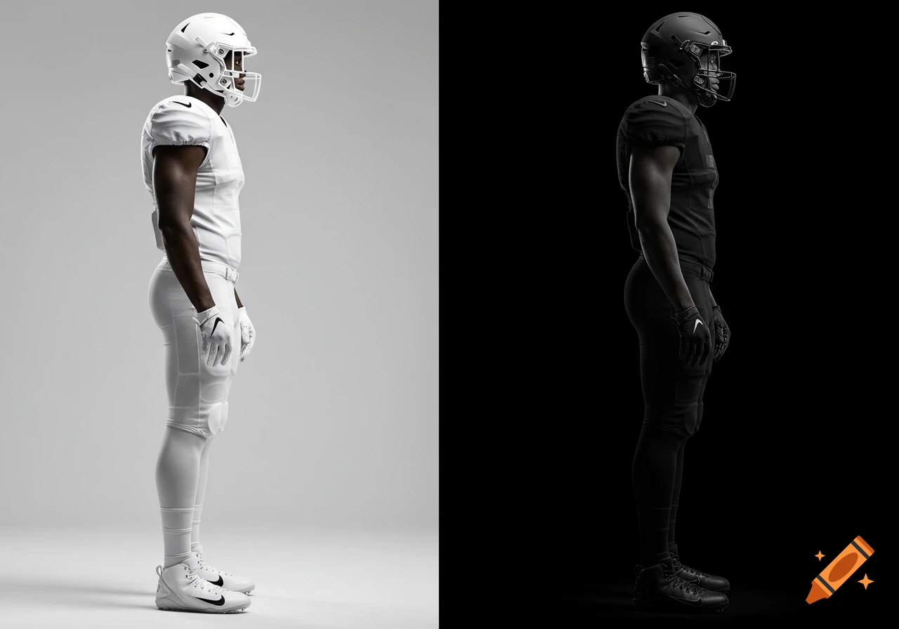 A photorealistic side view of two football players: one in a white uniform on a white background, the other in a black uniform on a black background.