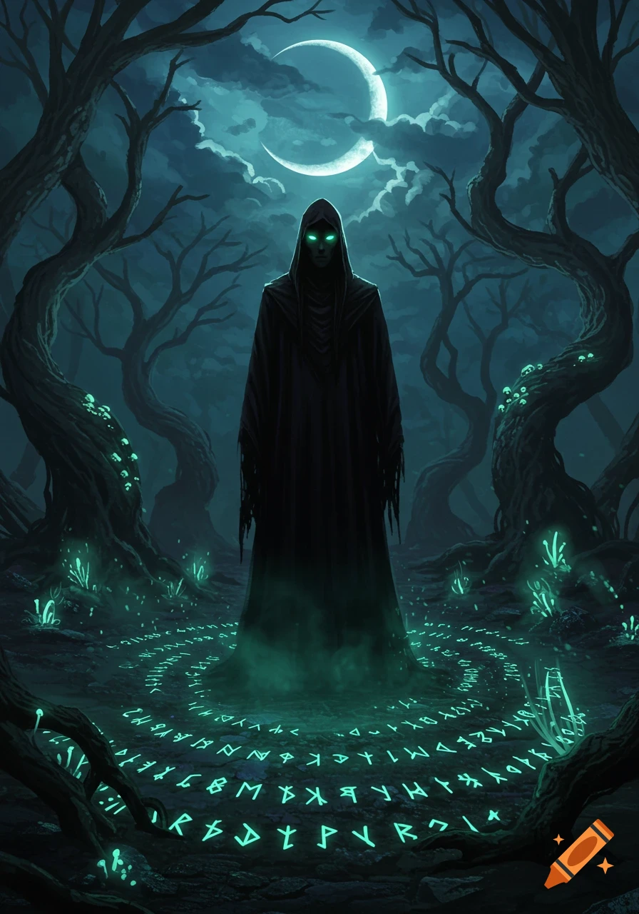 A hooded figure with glowing green eyes stands in a dark, mystical forest with glowing runes on the ground under a crescent moon.