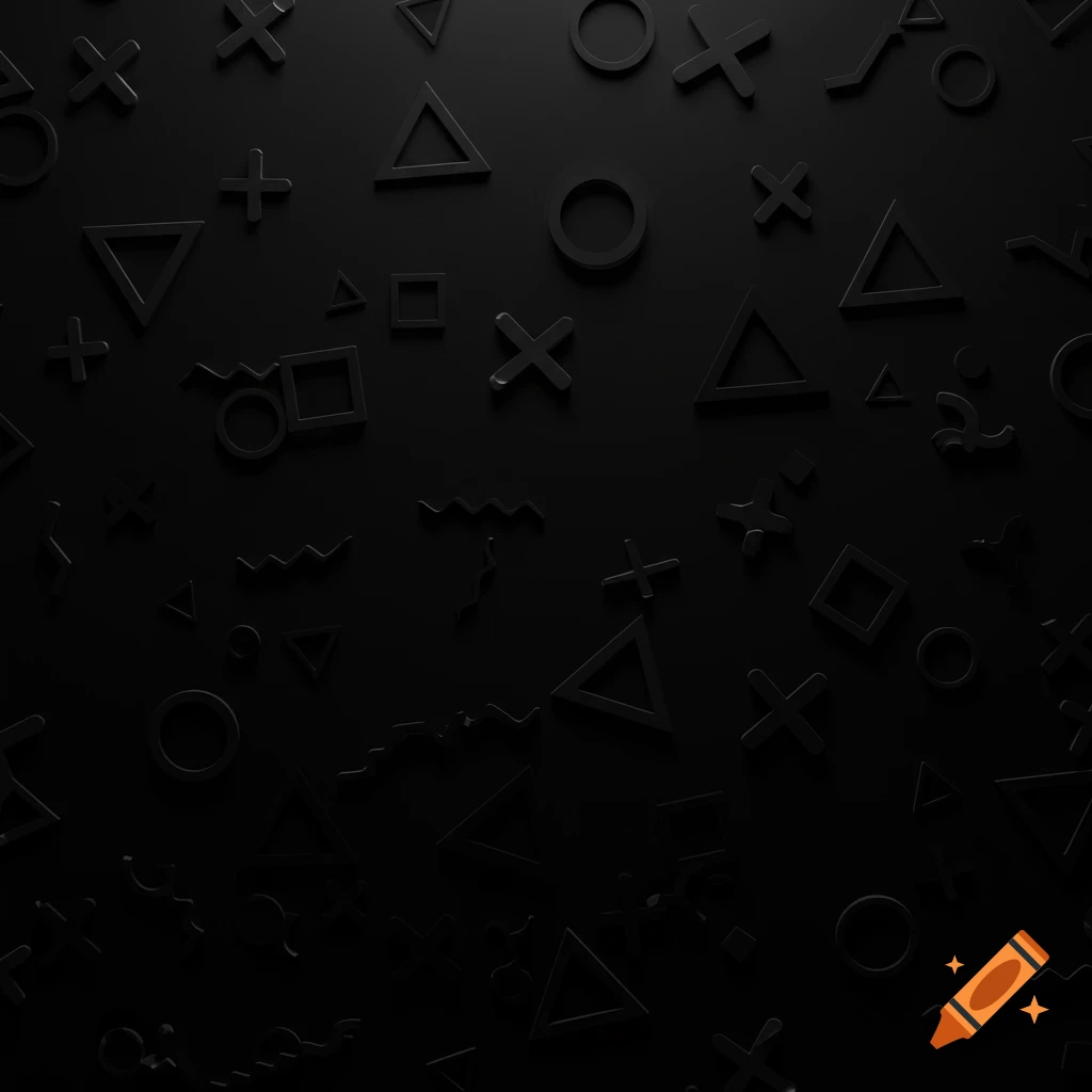 A dark, monochromatic background covered in subtly raised geometric shapes including triangles, circles, crosses, and squares.