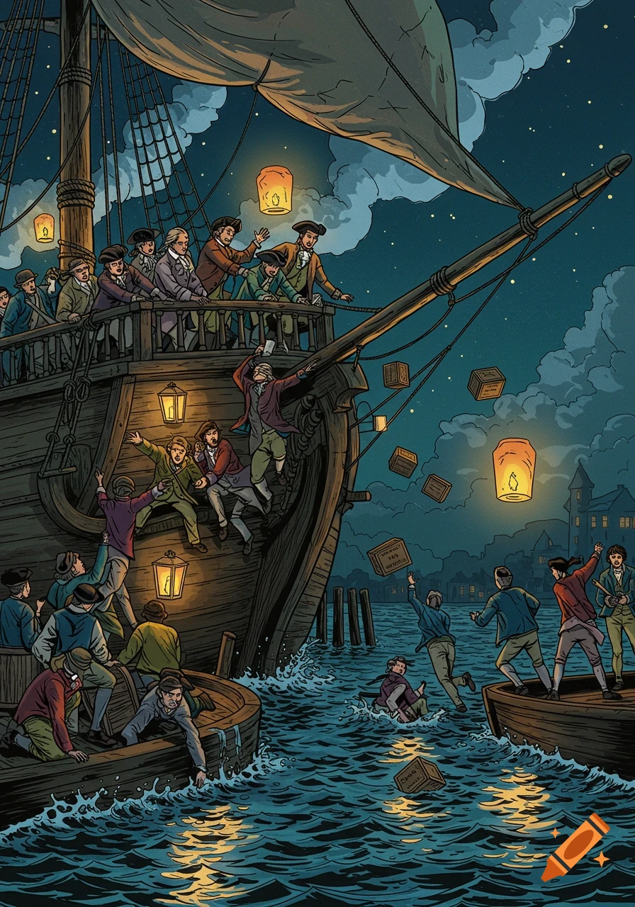 Comic illustration of men in period attire dumping crates from a large ship into the water at night.