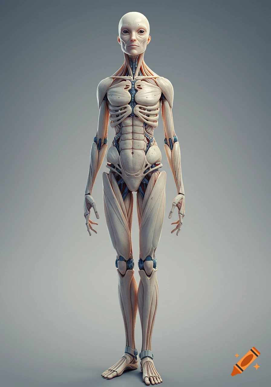 Full-body concept art of a bone-white biomechanical humanoid with visible musculature and subtle blue accents, standing against a grey background in an anatomical pose.