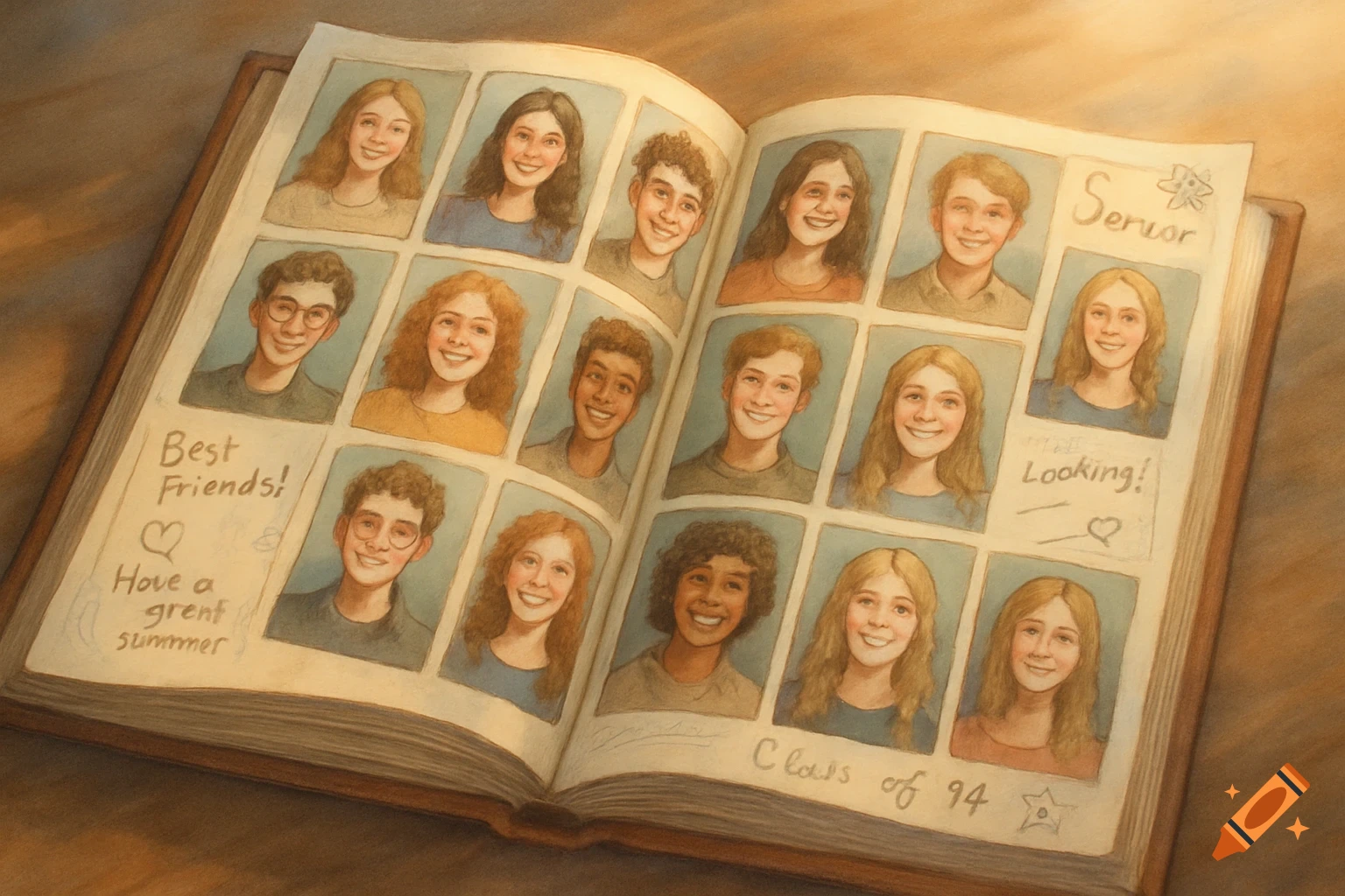 An open, illustrated yearbook filled with square portraits of smiling students and handwritten notes on the pages.