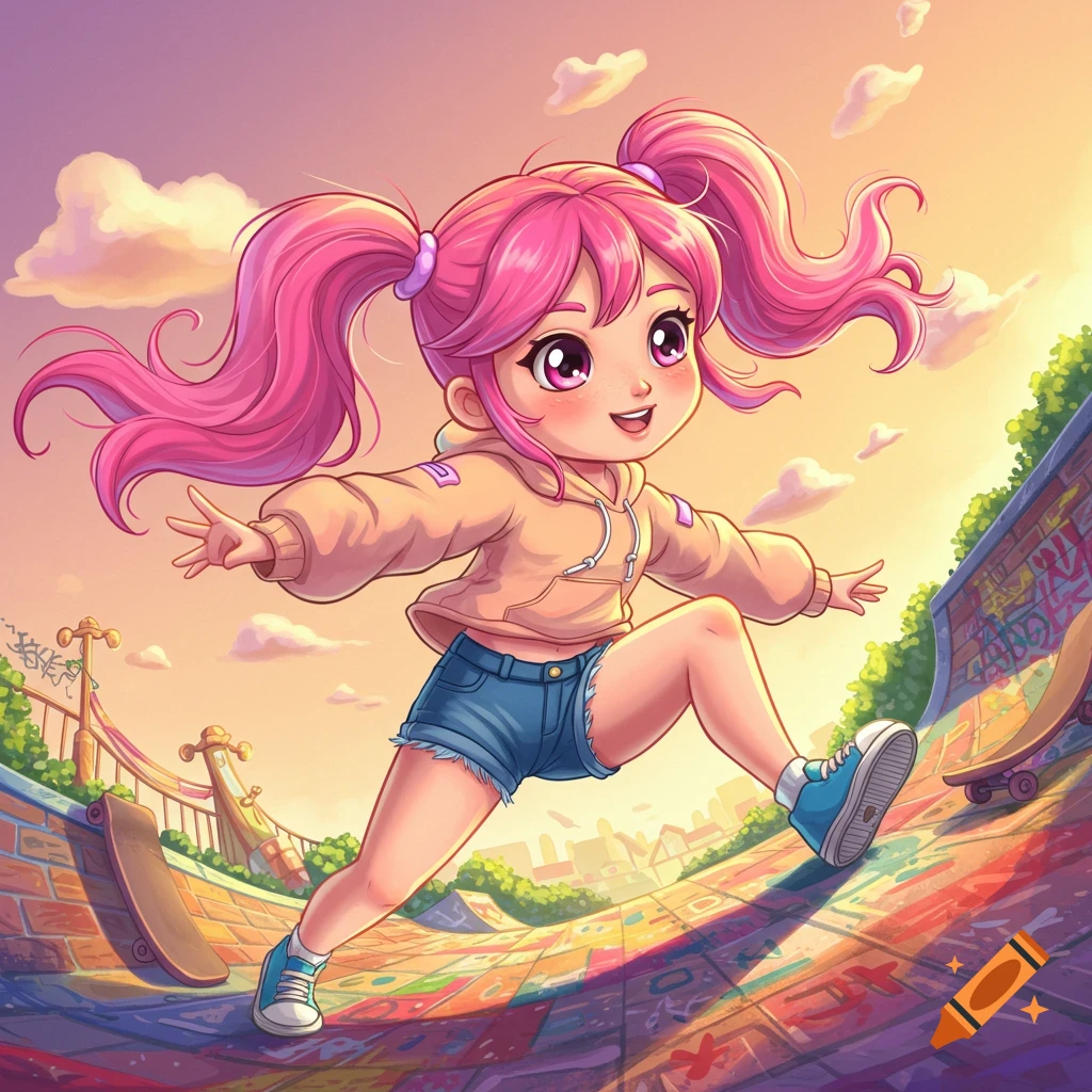 A cute pink-haired cartoon girl in a beige hoodie and blue shorts lunges forward in a colorful graffiti-covered skatepark under a bright sky.