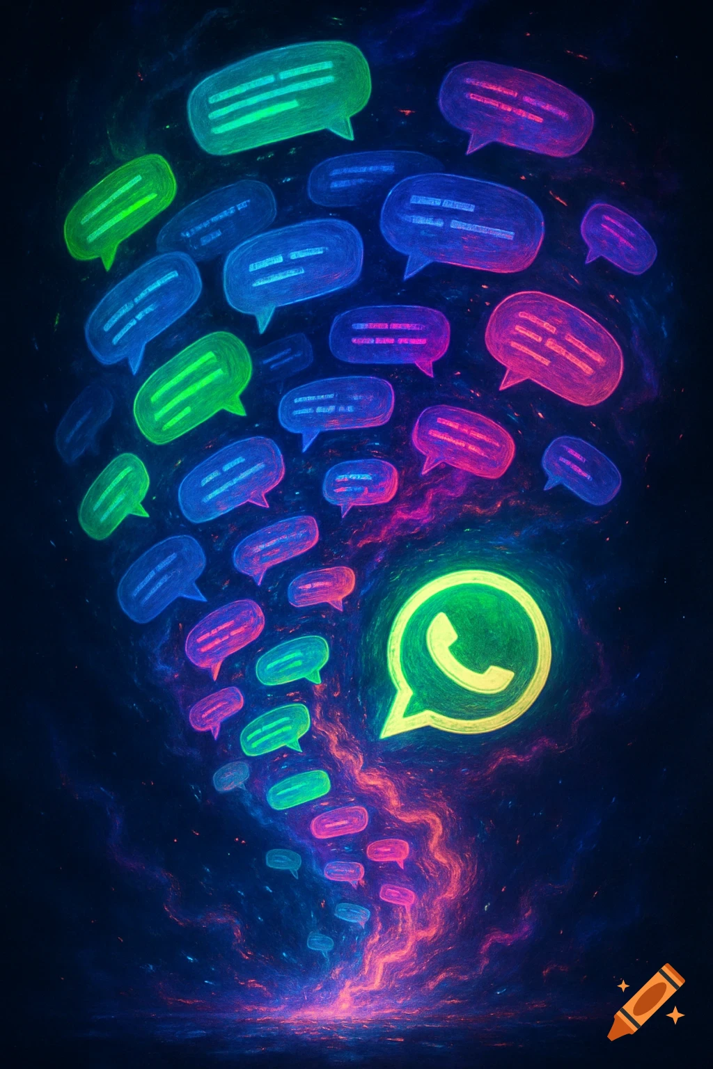 Glowing WhatsApp logo at the bottom, emitting a swirling stream of neon-colored speech bubble icons against a dark, fractal background.