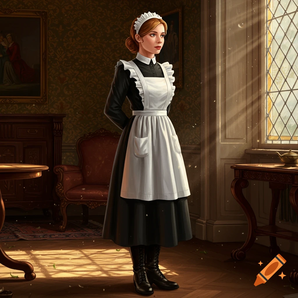 A woman with red hair in a black and white Victorian maid uniform stands in a grand room with sunlight streaming through a window.