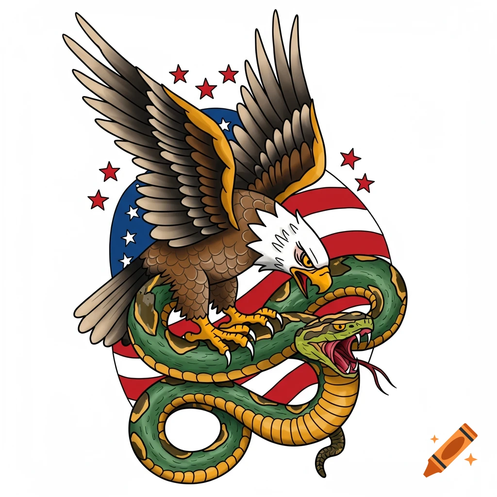Traditional American tattoo art of an eagle attacking a snake over a stylized American flag.
