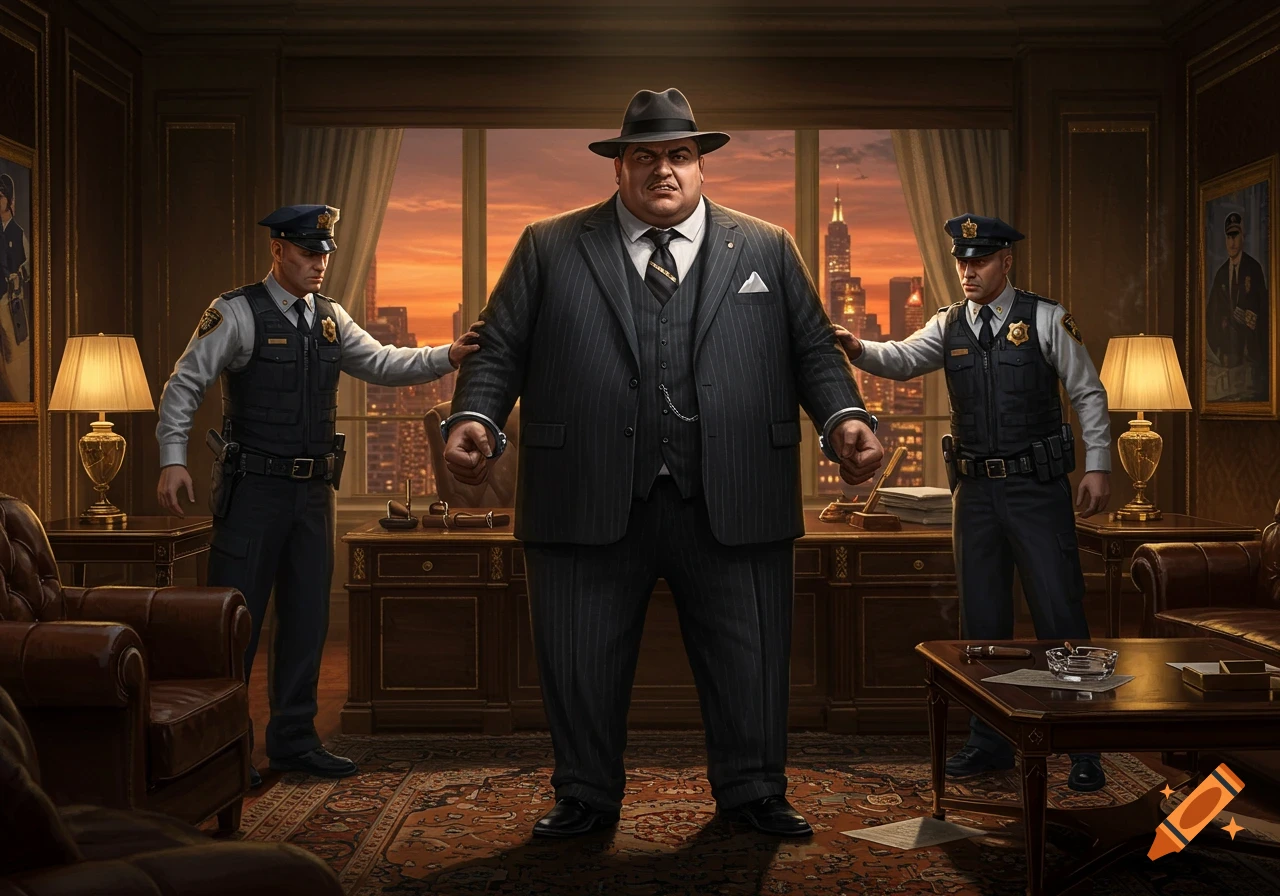 A handcuffed, angry mafia boss in a pinstripe suit and fedora is arrested by two police officers in a lavish office with a city skyline at sunset.