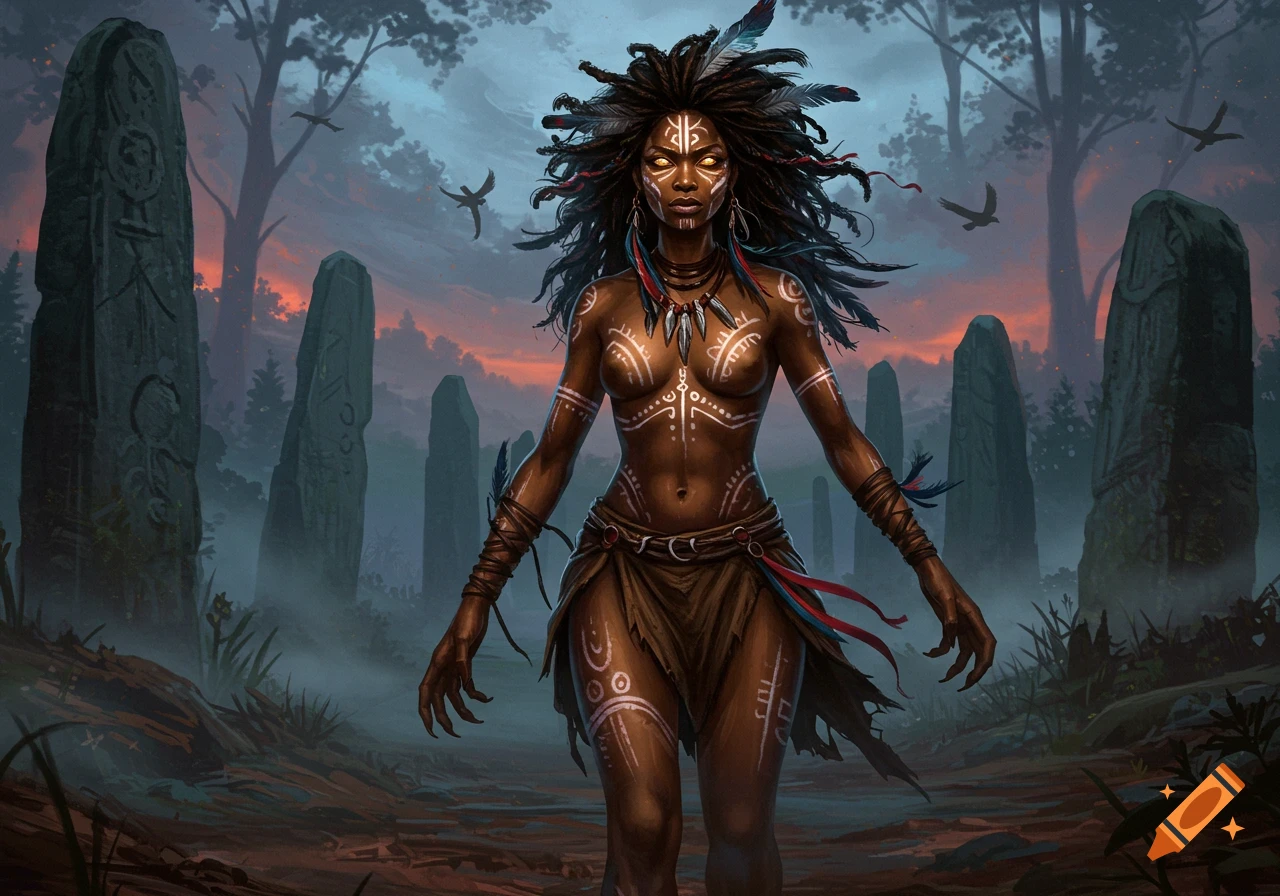 Dark-skinned woman with white body paint, dreadlocks, and glowing eyes in a misty forest with stone monoliths, fantasy art.