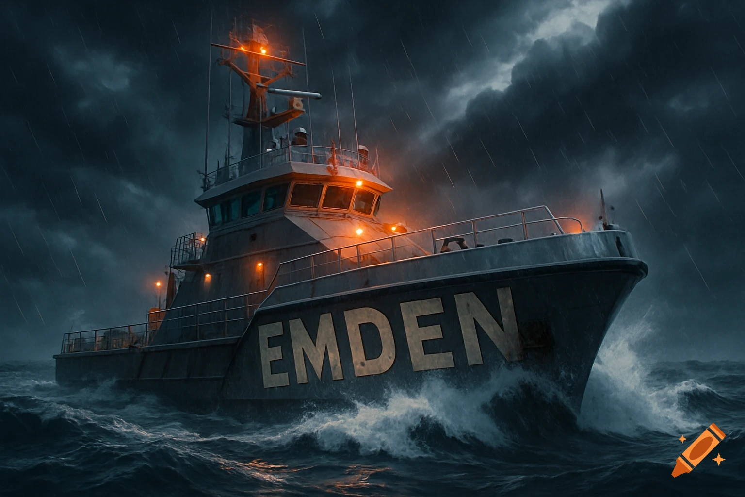 A large grey ship named EMDEN navigates through rough, stormy seas with rain falling and lights glowing orange.