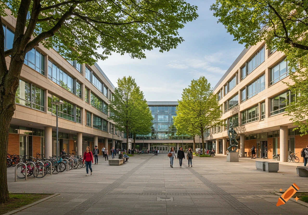 A wide view of a modern college courtyard with light-colored buildings, green trees, and students walking on a sunny day.