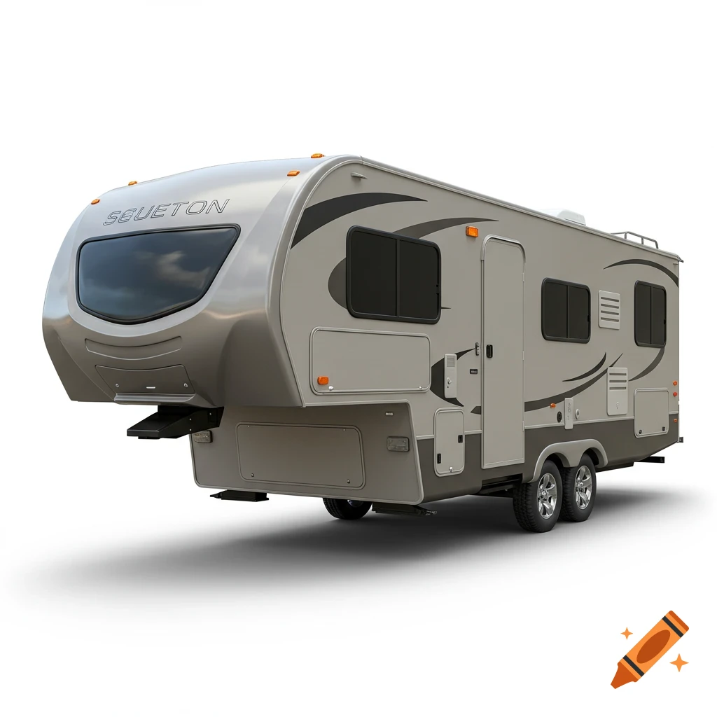 A photorealistic render of a light tan and dark gray fifth-wheel camper on a white background.