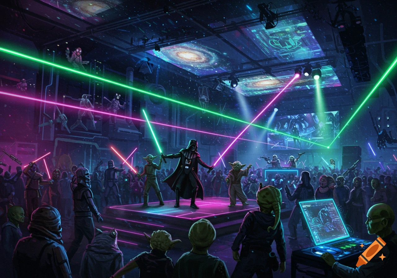 Darth Vader and Yoda wield lightsabers on a stage at a Star Wars-themed rave, illuminated by green and pink lasers in a crowded nightclub.