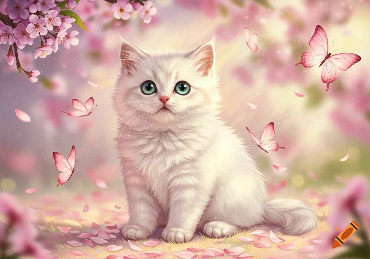 A fluffy white kitten with big green eyes sits among pink cherry blossoms and flying butterflies, with a soft, dreamy background.