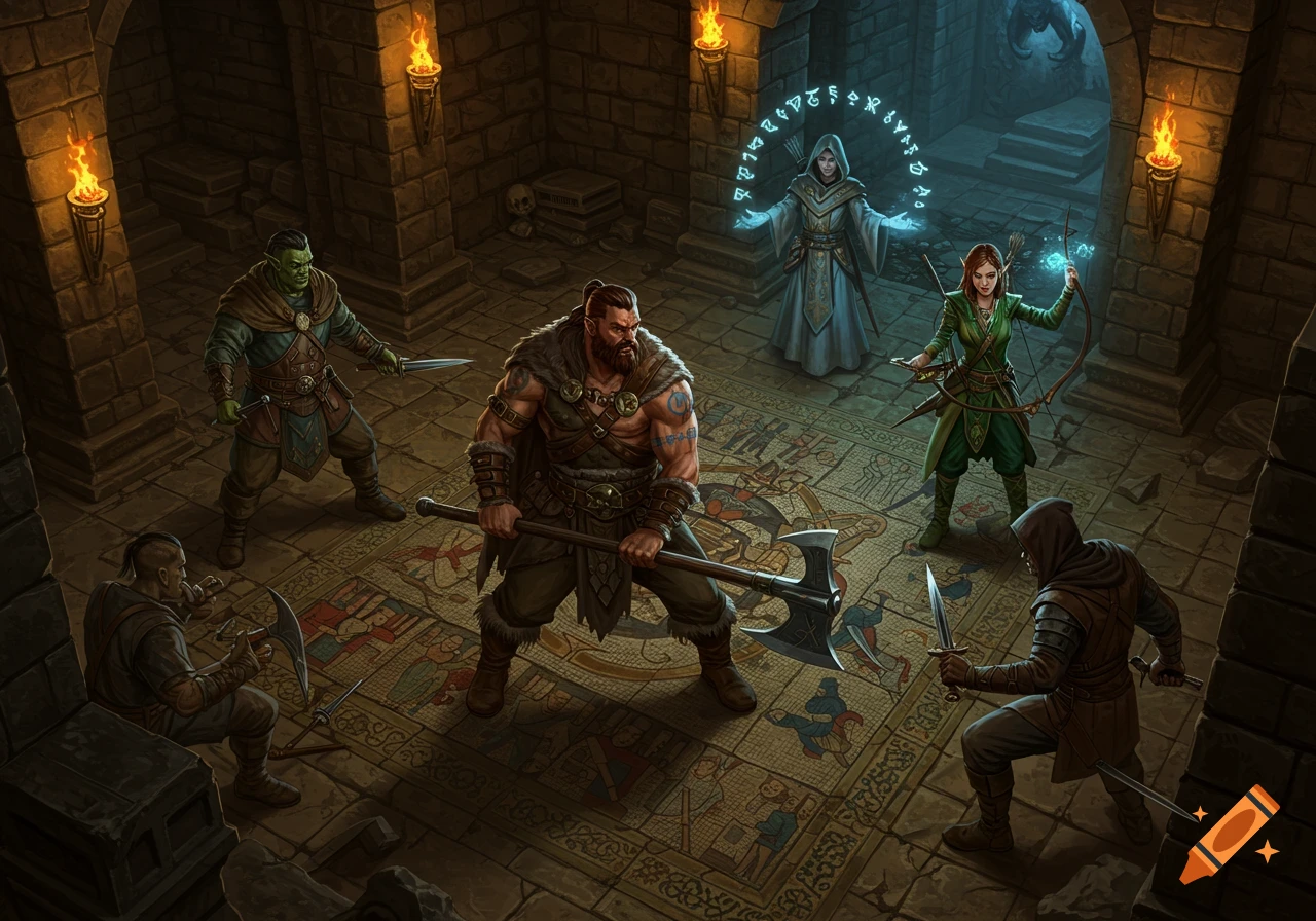 An isometric fantasy scene depicting a group of D&D style characters, including an orc, a barbarian with an axe, a mage casting a spell, an archer, and two rogues in a stone dungeon with a patterned floor.