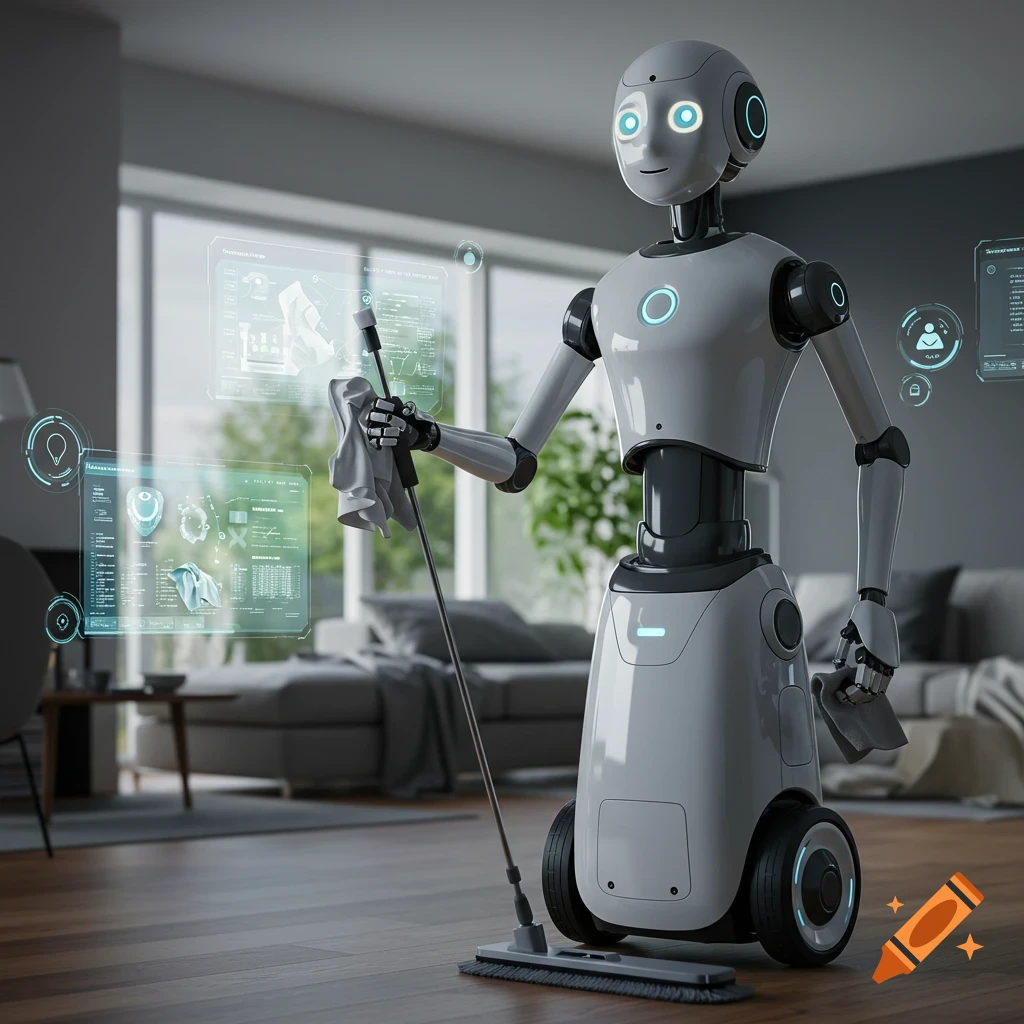 A photorealistic image of a white and grey helper robot with glowing blue eyes and accents, holding a mop and a cloth, in a modern living room. Holographic screens float around its arm.