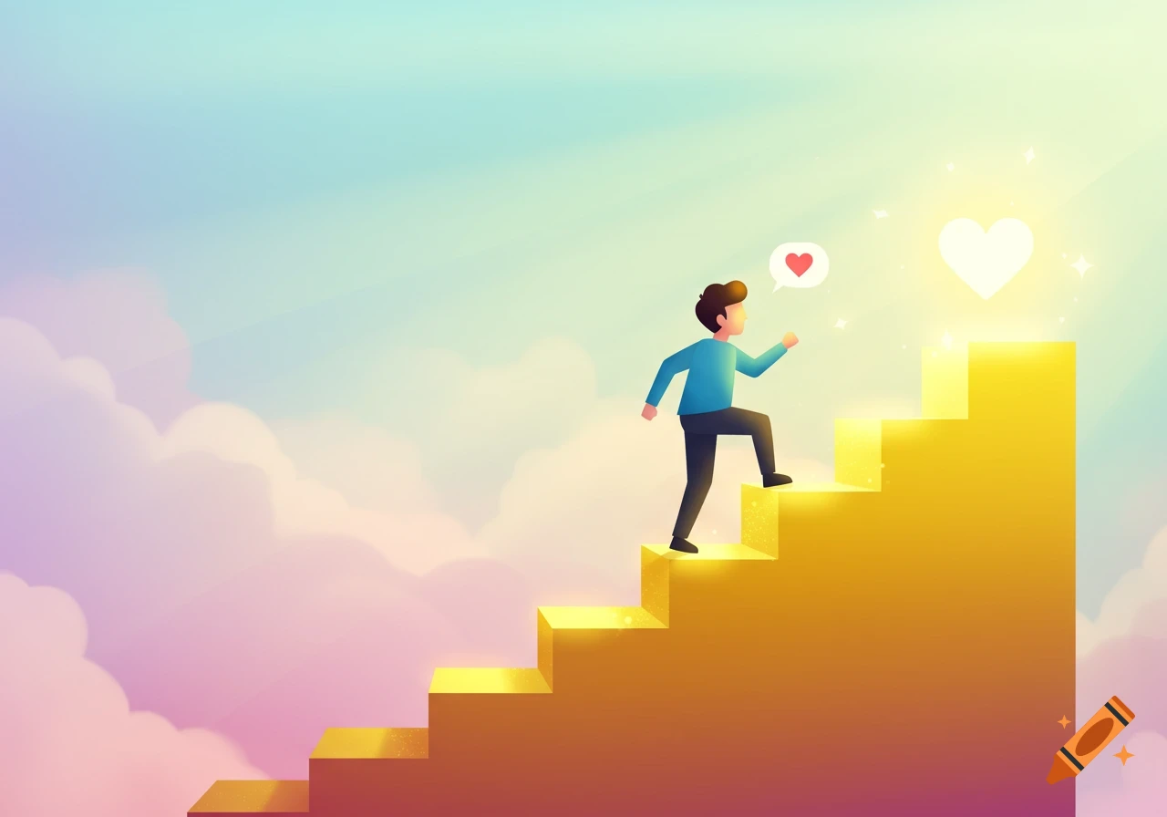 Cartoon illustration of a person climbing golden stairs towards a glowing heart against a pastel sky with clouds.