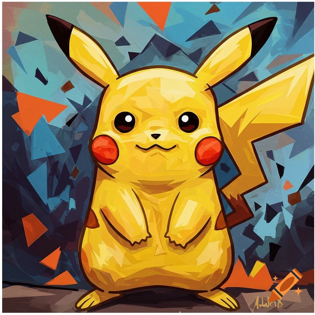 A yellow Pikachu cartoon character in a cubist art style with a background of blue and orange geometric shapes.