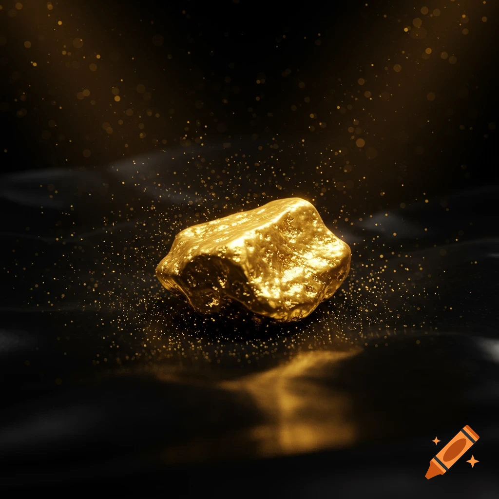 A large, lustrous gold nugget rests on a dark, reflective surface, surrounded by sparkling golden dust and subtle light beams.