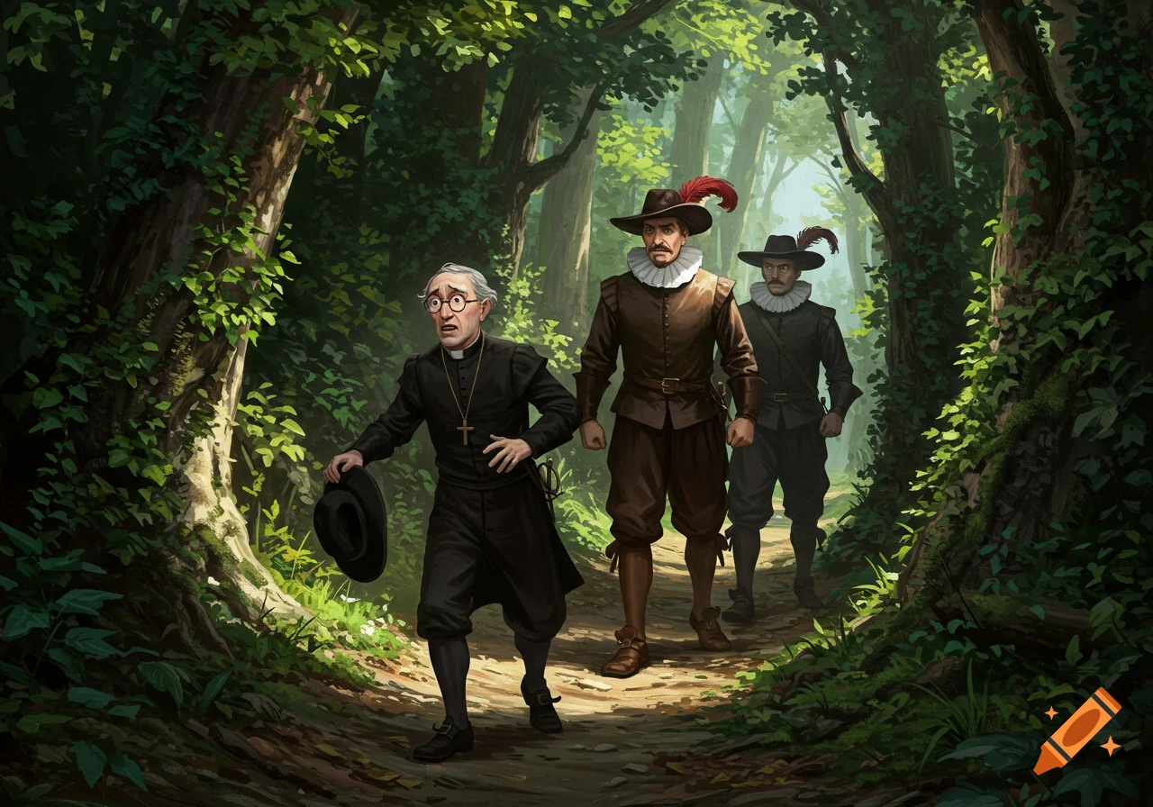 An old, frightened priest walks on a forest path, looking back at two stern men in historical attire with feathered hats and ruff collars. Illustrated style.