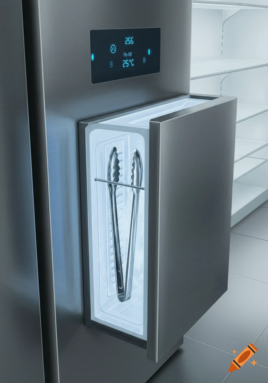 A modern stainless steel refrigerator with an open drawer containing silver tongs and a digital display showing 250C.