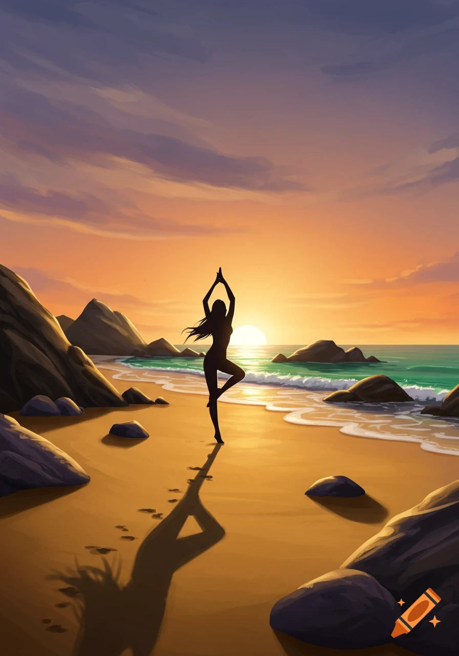 Stylized illustration of a person in a tree pose silhouette on a sandy beach with rocks and ocean waves at sunset.