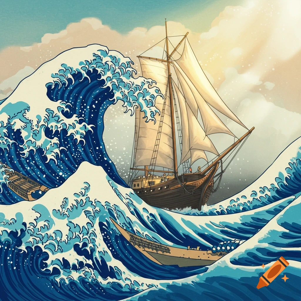 An illustrated sailboat navigates a towering wave, reminiscent of Hokusai's Great Wave.