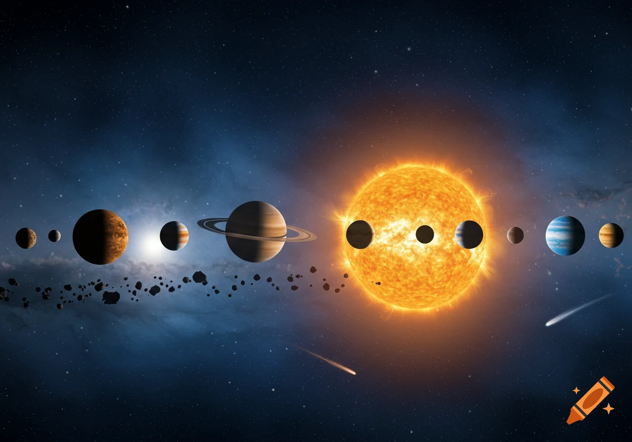 A vibrant illustration of a solar system with a large, bright sun at the center, surrounded by multiple planets, an asteroid belt, and comets against a star-filled dark blue and purple nebula background.