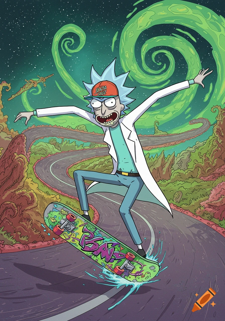 Rick Sanchez from Rick and Morty skateboarding down a winding road in a cartoon style, wearing a Santa Cruz hat.