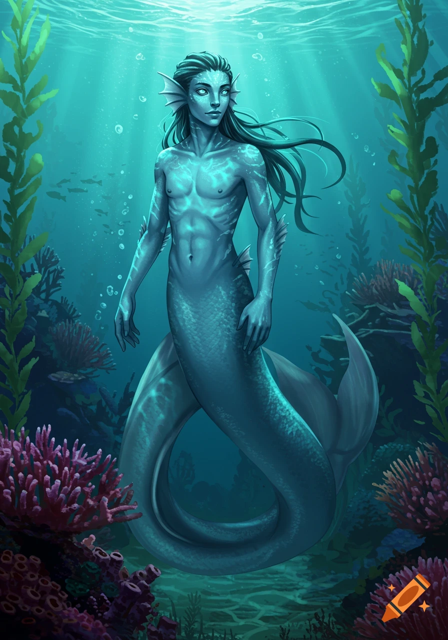A detailed digital painting of a male merman with bluish skin and long dark hair, adorned with glowing markings, swimming amidst coral and kelp in sunlit blue water.