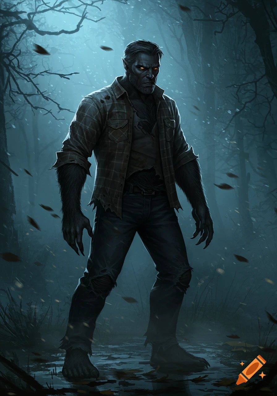A dark, muscular werewolf with glowing red eyes wears a torn flannel shirt and jeans in a misty forest.