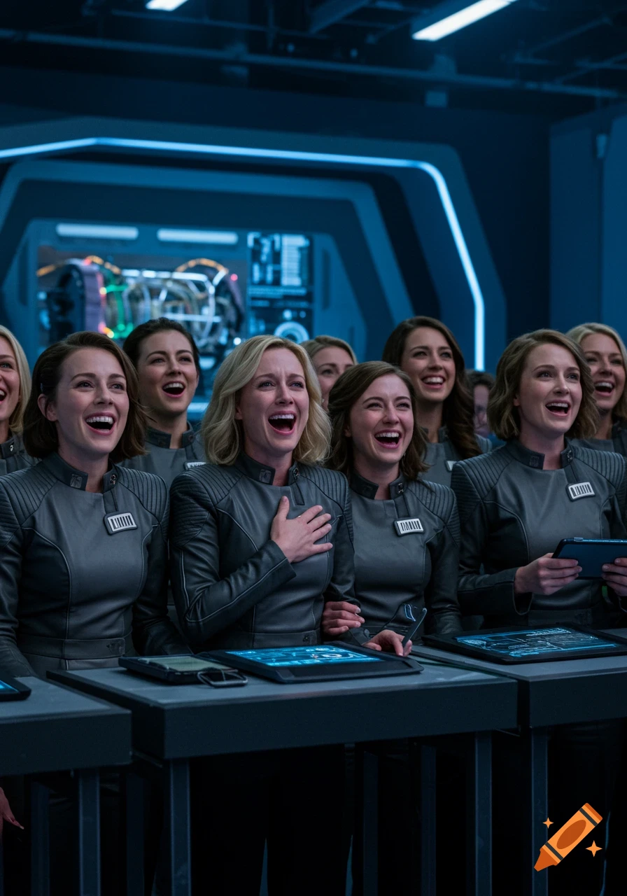 A group of women in grey futuristic uniforms laugh and react with awe in a blue-lit high-tech control room.