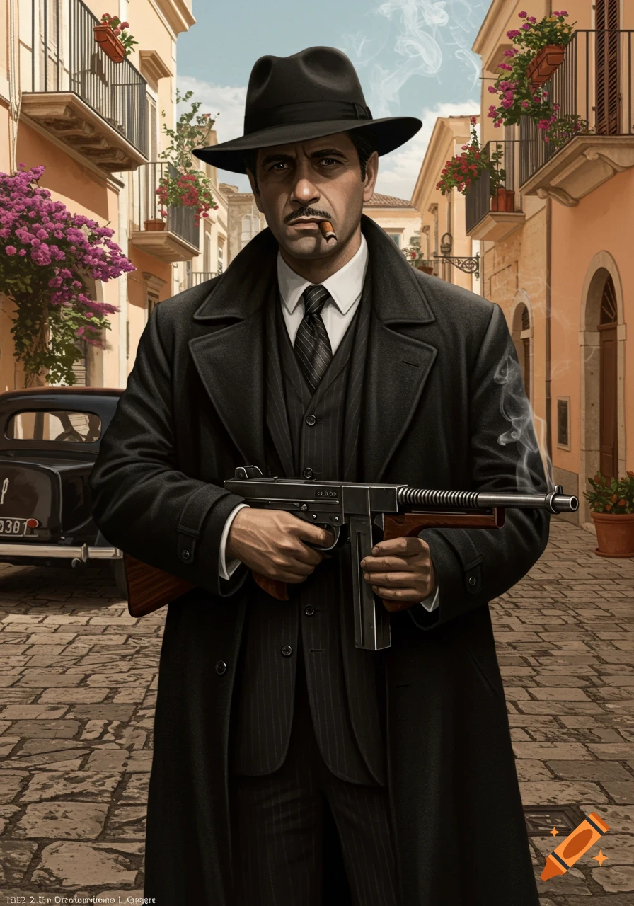 A man dressed as a 1900s mafia capo in Sicily, wearing a black fedora and trench coat, holds a Tommy gun while smoking a cigar in a cobblestone street.