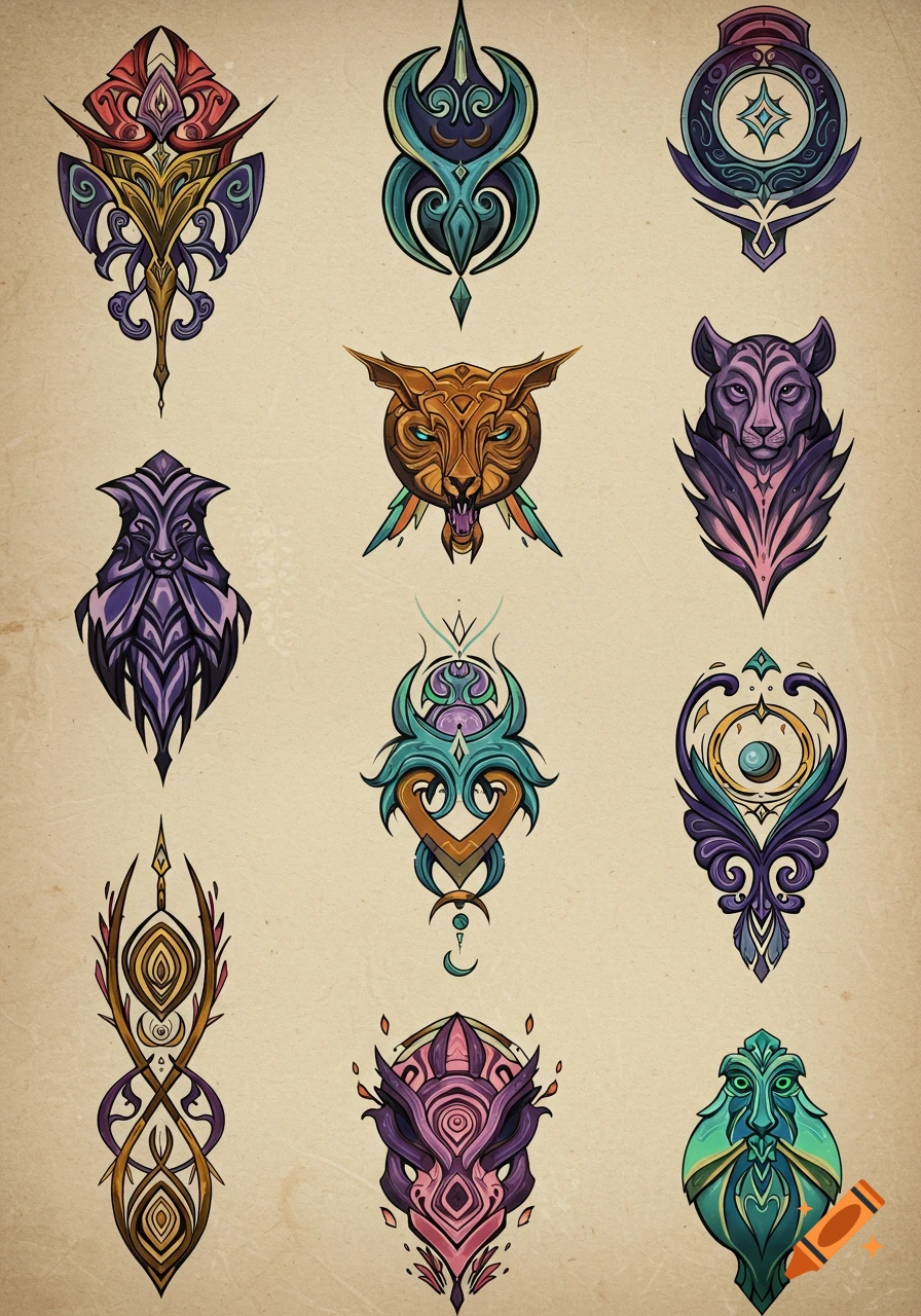 A grid of 12 colorful, stylized, tribal-like tattoo designs, some depicting animal faces, on a textured beige background.