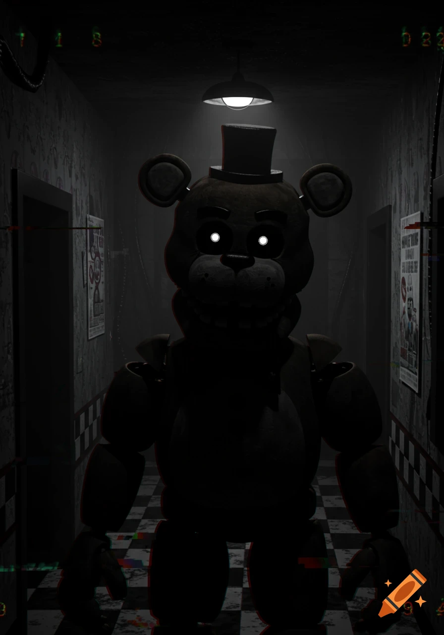 A dark, ominous image of Freddy Fazbear with glowing white eyes and a top hat, standing in a dim hallway with a checkered floor, seen through a distorted security camera lens.