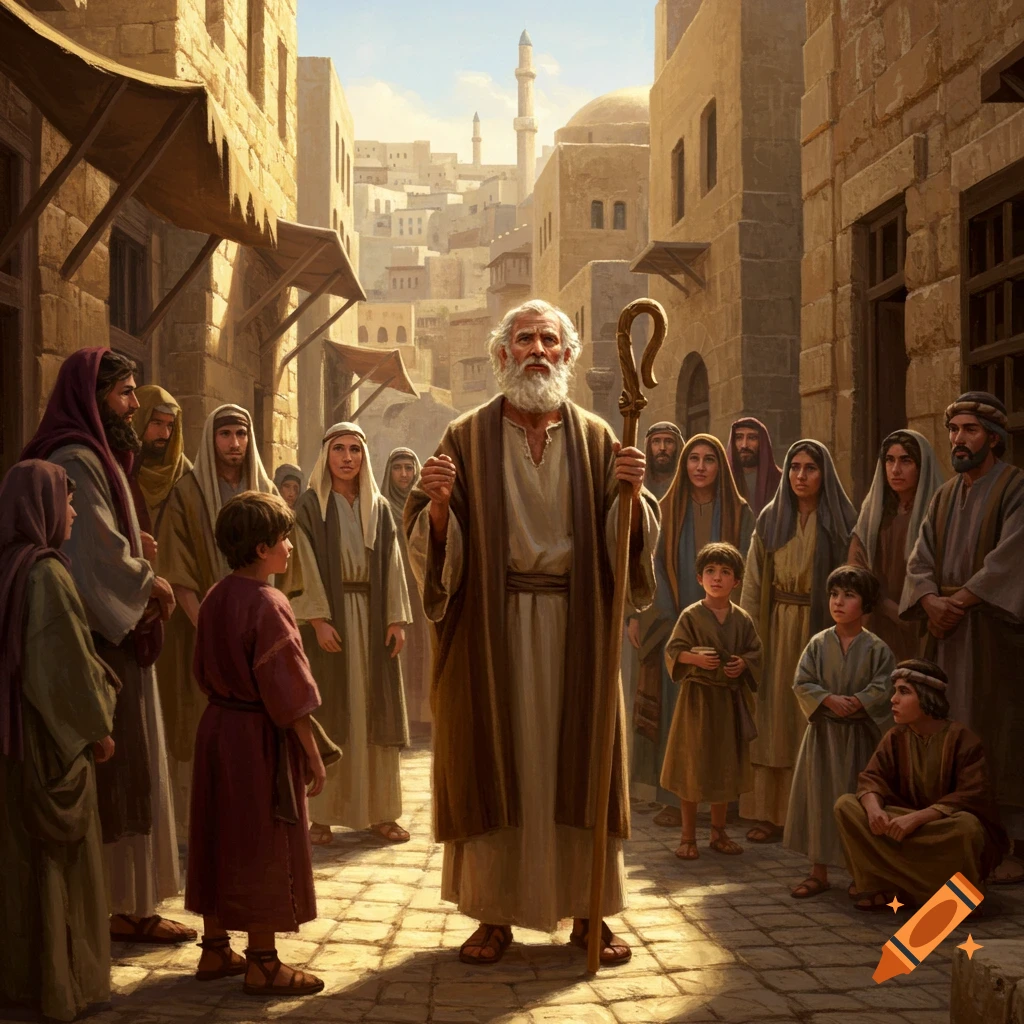 An old bearded man with a staff stands in a sunny, narrow street, addressing a crowd of townspeople and children in a historical Middle Eastern setting.