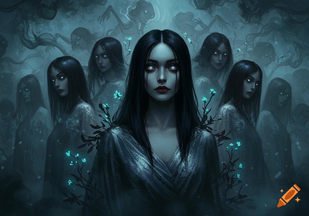 Eerie portrait of women with glowing eyes, dark hair, and pale skin, surrounded by ghostly figures and luminous blue flowers in a dark, stylized setting.