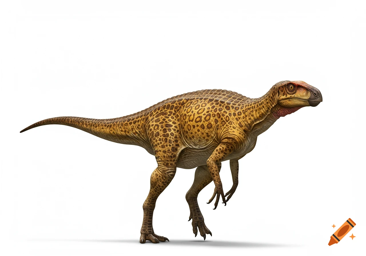 A photorealistic Huayracursor jaguensis dinosaur with spotted skin on a white background.