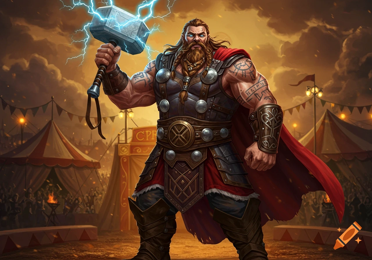 A muscular, bearded strongman with runic tattoos, wearing Thor-like armor and a red cape, holds Mjolnir with lightning effects in a circus tent setting at sunset.