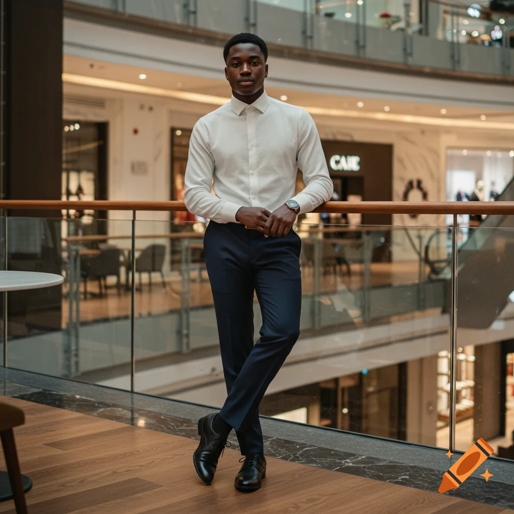 A stylish young man in a white collared shirt and dark trousers poses in a modern luxury mall.